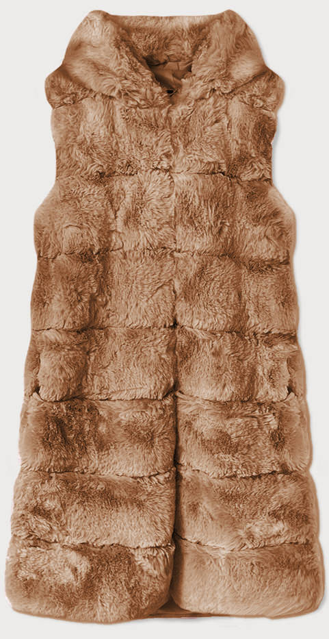 Długa kamizelka futrzana z kapturem jasny brąz (br9745-12)