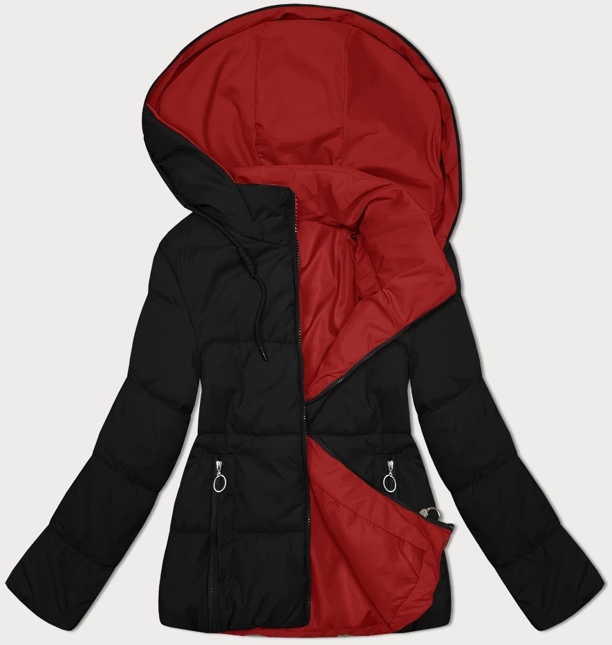 Dwustronna krótka kurtka damska z kapturem czarno-czerwona (16M2155-270)