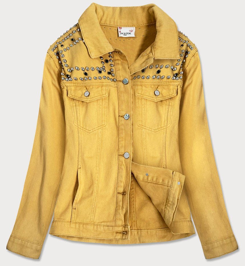 Jeansowa kurtka damska z dżetami i frędzlami żółta (a8306)