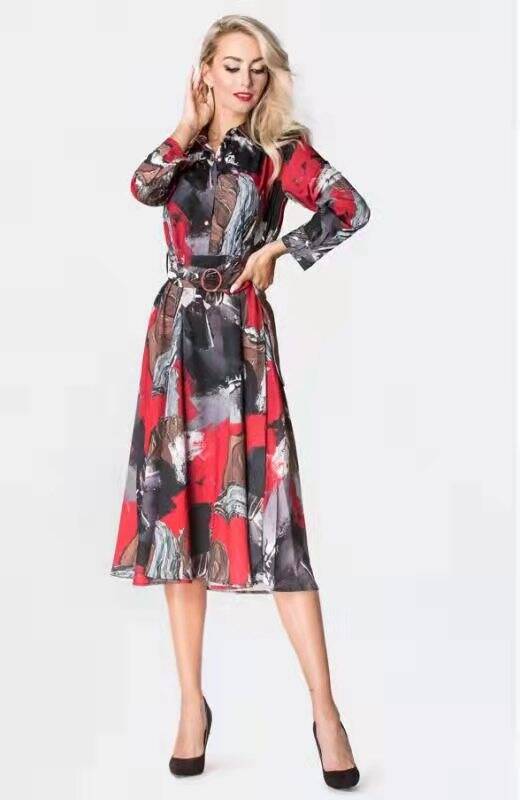 Koszulowa sukienka do połowy łydki Ann Gissy czarno-czerwona (XY202113(5))