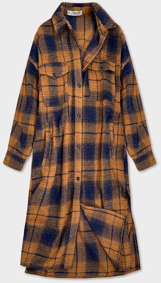 Koszulowy damski płaszcz w kratę brązowo-granatowy (8424)