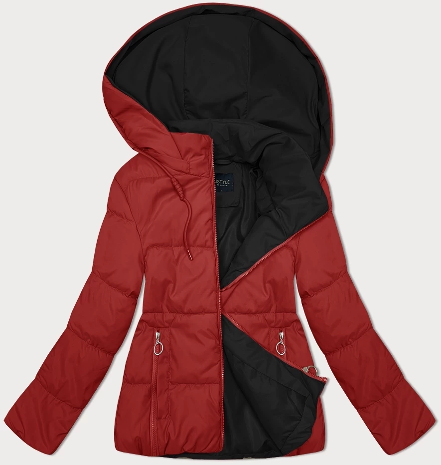 Krótka kurtka damska z kapturem czerwono-czarna (16M2153-270)