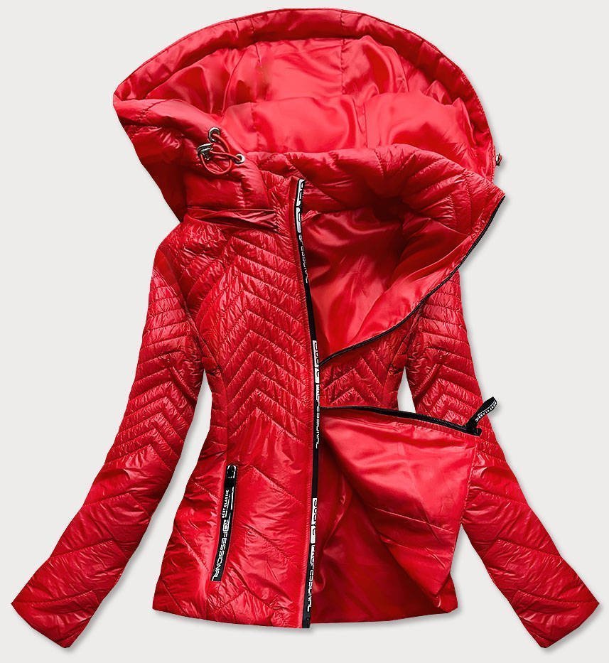 Krótka pikowana kurtka damska z kapturem czerwona (b9566)