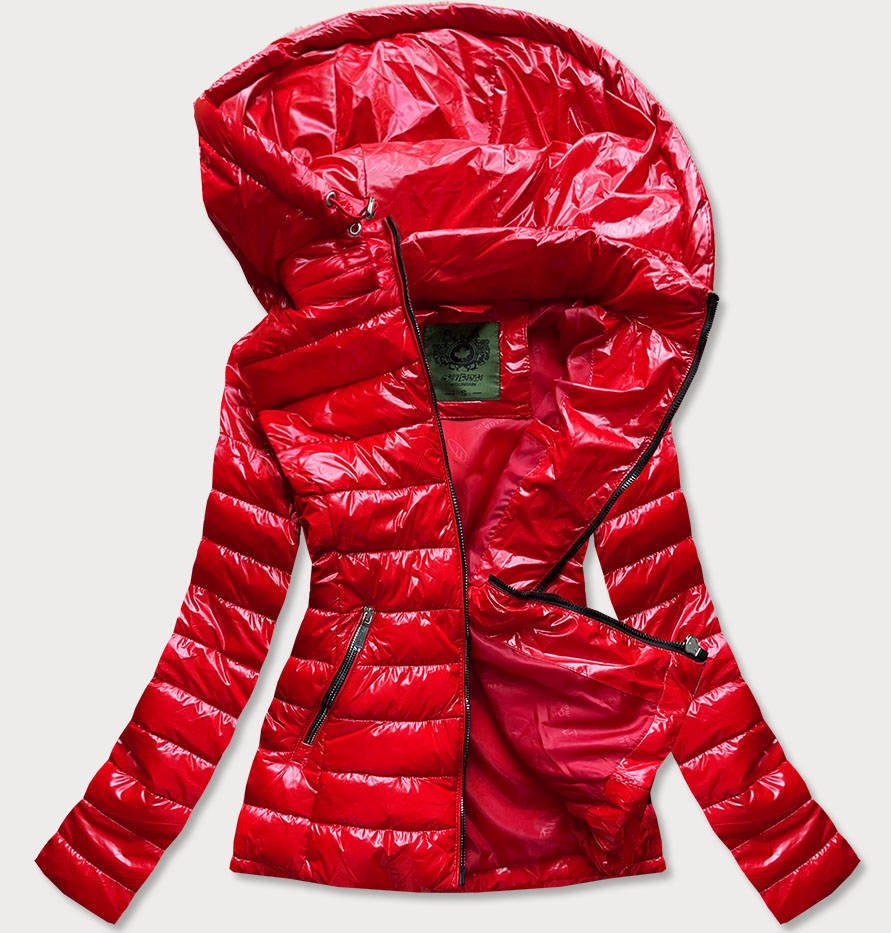 Krótka pikowana kurtka damska z kapturem czerwona (can-333)