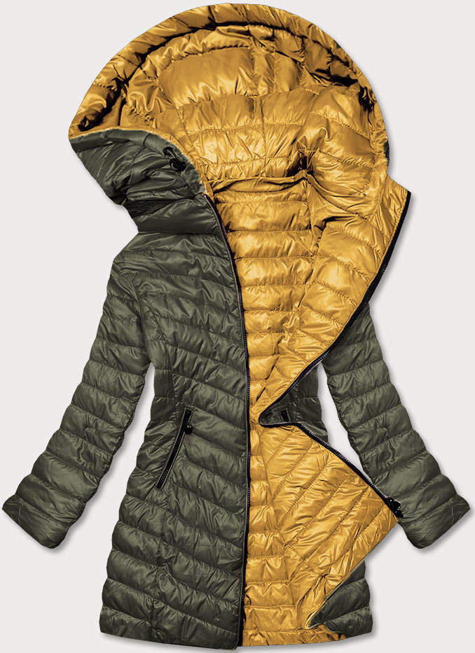 Pikowana dwustronna kurtka damska khaki-żółta  (m20-7636-22+75)