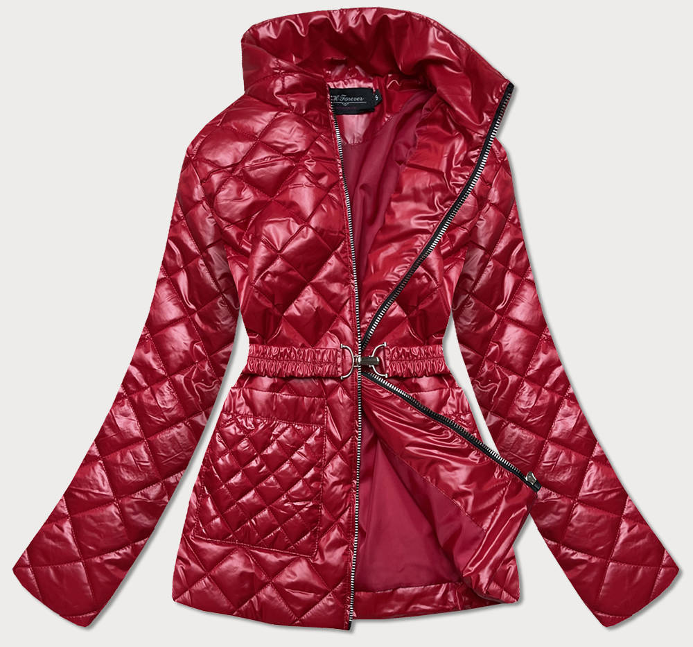 Pikowana kurtka damska z paskiem czerwona (bh2208)