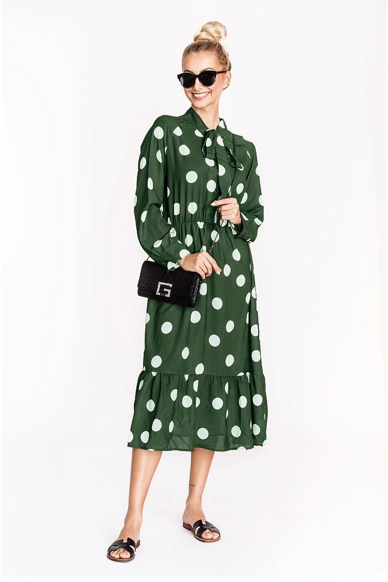 Sukienka w grochy z wiązanym dekoltem Ann Gissy zielona (DLY019)
