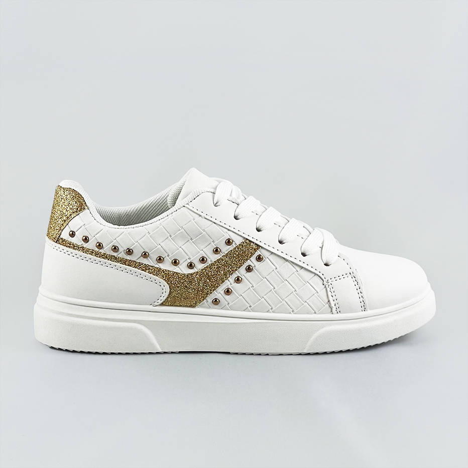 Sznurowane sneakersy damskie biało-złote (rc-03)